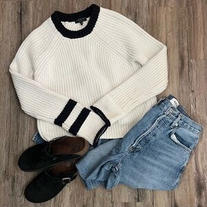 Rag & Bone Chunky Knit Greer Pullover Sweater Women’s M Ivory/Black Stripe Crew
